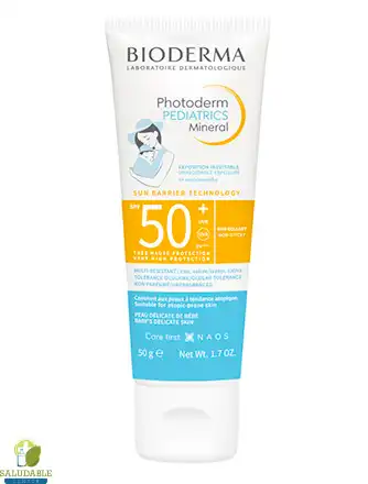 Photoderm Pediatrics Mineral SPF50+ protector solar infantil en tubo 50 g, textura crema ligera, piel sensible